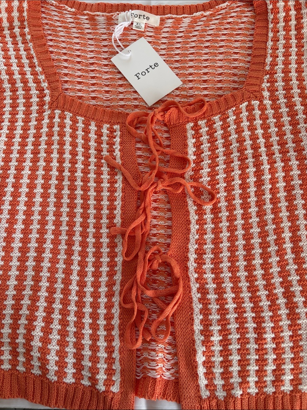 Forte Orange & Cream Knit Tie-Front Cropped Short-Sleeve Sweater Size 10-12 NWT - Picture 5 of 9